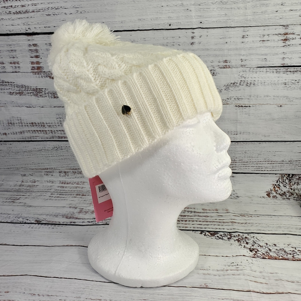 Kate Spade New York Cable Knit Pom Beanie Hat Cream New! NWT